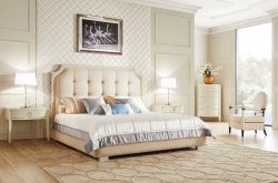 FB.BD.MD.52 Кровать с решеткой MODENA отделка бежевый лак (Beige B), ткань бежевый велюр (Anyzo-01)