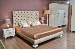 FB.BD.PL.186 Кровать с решеткой PALERMO отделка белый блестящий лак, ткань бежевый велюр (R6012A-53)